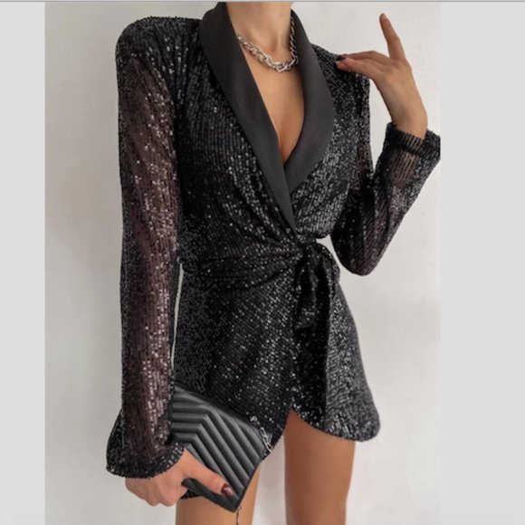 BLOGGER'S FAVE! Zara Black Sequin Mini Wrap Dress Sz XS NWT - Picture 4 of 15